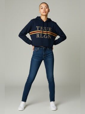 🔥Y2K True Religion rhinestone black Cropped Hoodie